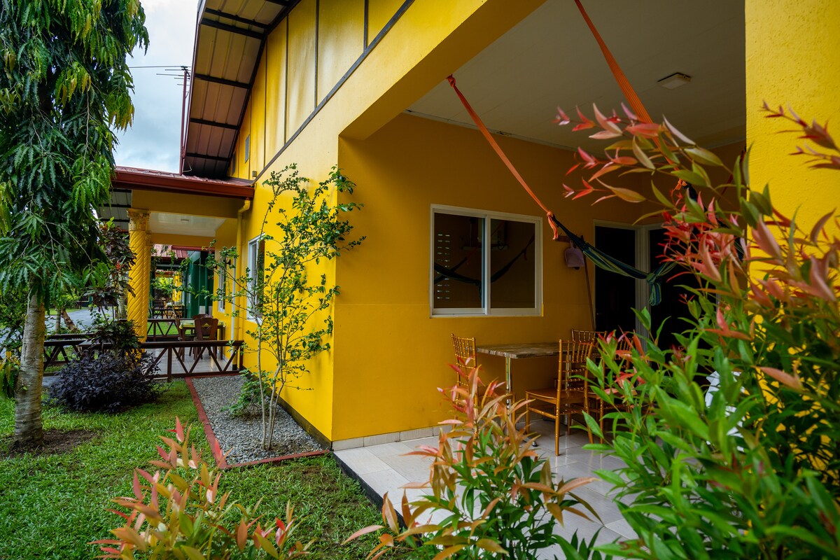 An outdoor area is presented with vibrant yellow walls and tropical plants. A dining table is positioned under the shaded porch, while a hammock is seen hanging nearby, inviting relaxation. Careful landscaping features colorful foliage that enhances the inviting setting.