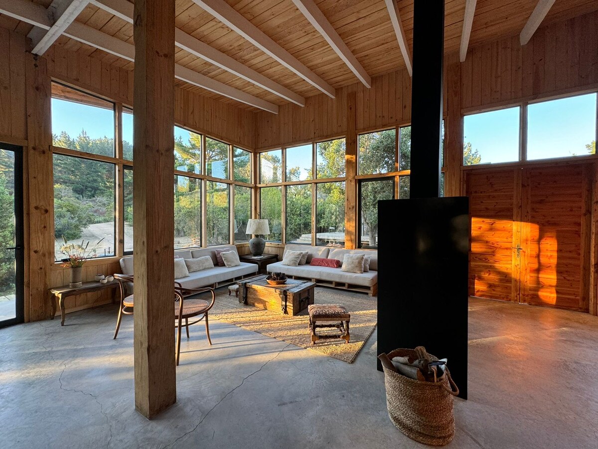 An inviting living area with large windows allows natural light to fill the space. Comfortable seating is arranged around a central area rug, complemented by a mix of textures. A dark chimney stands against the wooden walls, enhancing the warm atmosphere.