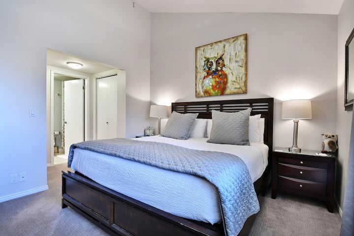 King Master Bedroom with luxurious linens and bedding.  High Speed Wifi Internet.  HDTV and 2 Closets