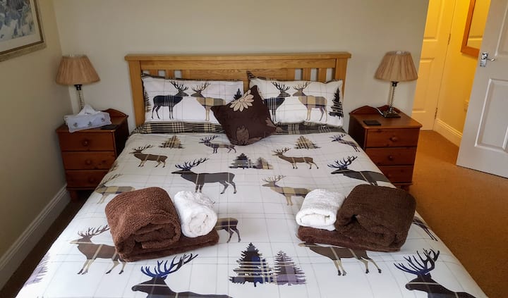 加大双人床尺寸的豪华床垫确保舒适性。 通往露台的玻璃门，可欣赏到Earn湖（ Loch Earn ）的南面景观。 卧室设有套内卫生间，浴缸上方设有淋浴间，衣柜橱柜可最大限度地利用房间空间。电视、吹风机。