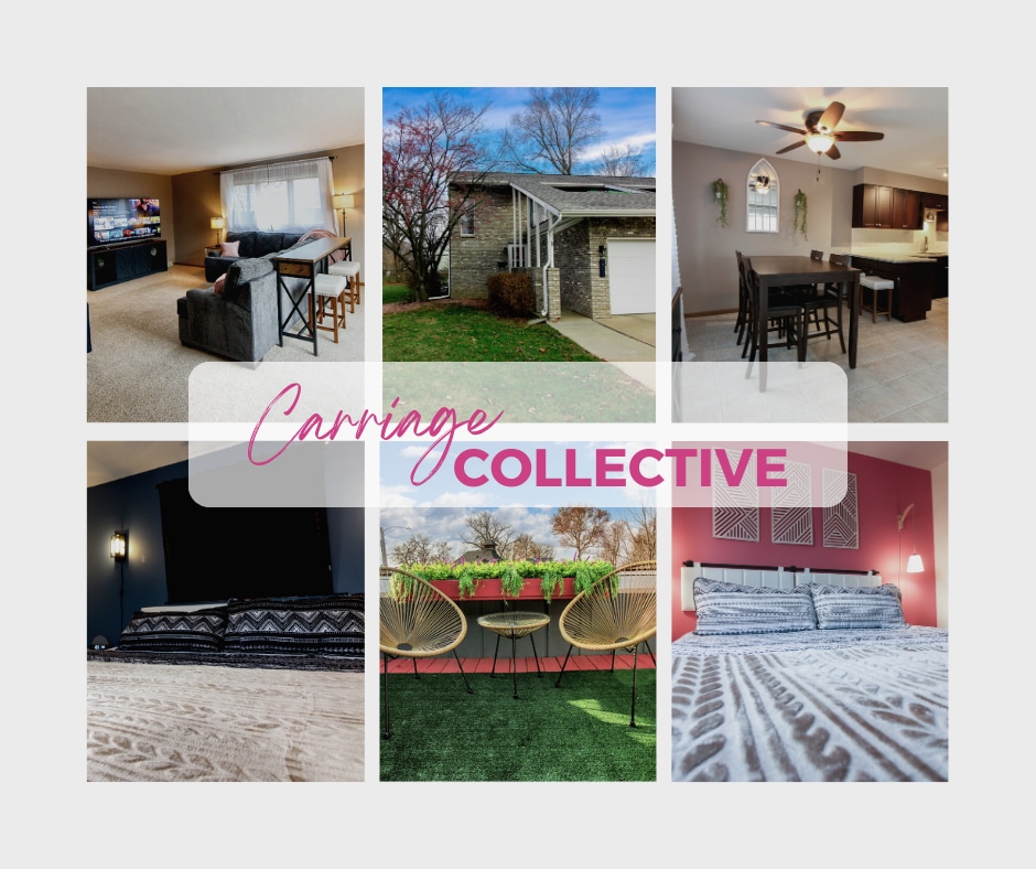The collage displays various areas of the stylish home. A cozy living room features a sectional sofa and a large TV. The dining area is furnished with a table and chairs. Outdoor seating with vibrant planters highlights the balcony. Bedrooms showcase comfortable bedding and inviting décor.