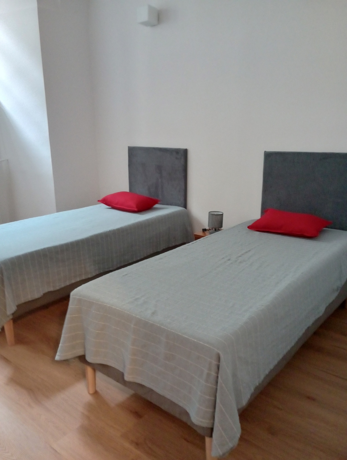 Two spacious beds are set against a light-colored wall, each adorned with a gray cover and accented by vibrant red pillows. A small bedside table is present beside one of the beds, enhancing the room's functionality.