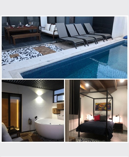 An outdoor area features a set of loungers arranged beside a swimming pool, with stone pathways leading to a tranquil garden. A cozy sleeping space includes a four-poster bed, tasteful art, and soft lighting, while a stylish bathroom incorporates a freestanding tub.