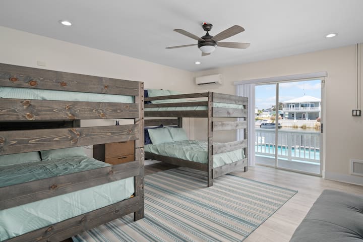 Even the bigger kids can get comfortable on the full over full bunk beds. The patio door is equipped with an alarm and child lock 