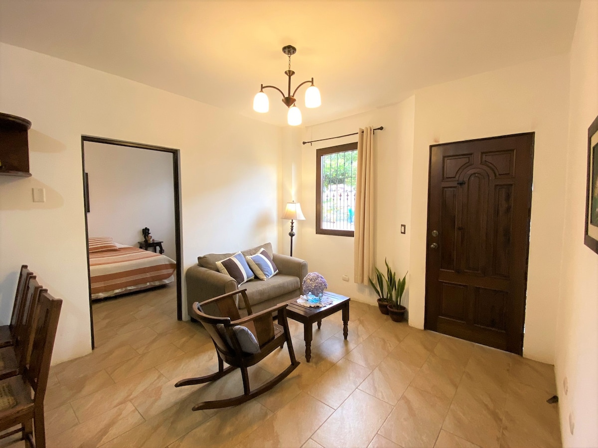 A welcoming living area features a comfortable sofa and a small coffee table, illuminated by natural light from a nearby window. The entrance door is wooden, and a ceiling light fixture provides ample brightness. A doorway leads to a bedroom, and plants add a touch of greenery.