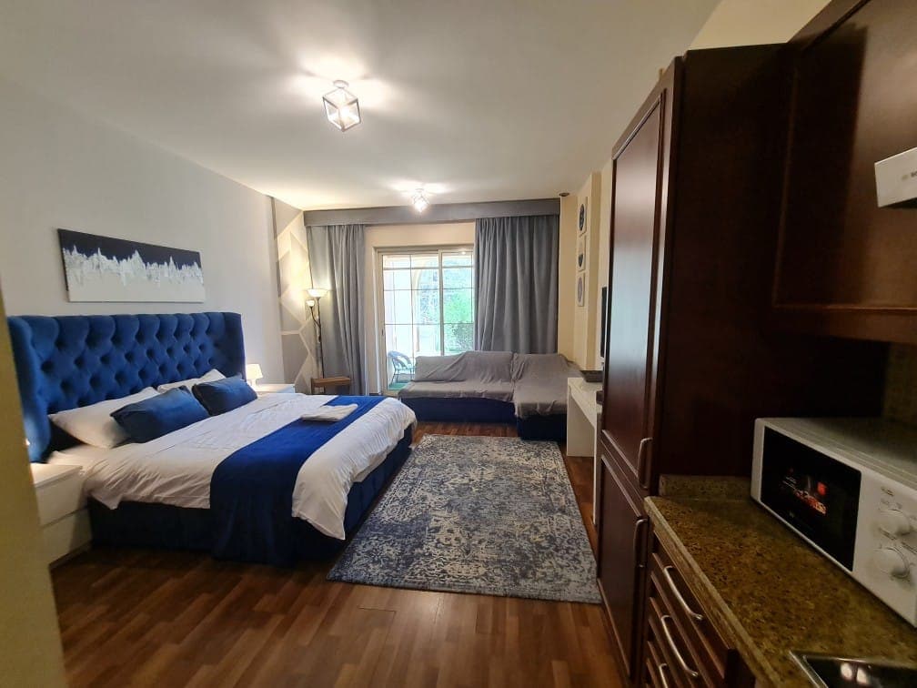 A spacious studio is showcased, featuring a large bed with a blue upholstered headboard. A gray sofa bed is positioned nearby. Light enters through a large window, revealing a view of the balcony. The kitchen area is equipped with wooden cabinetry and modern appliances.