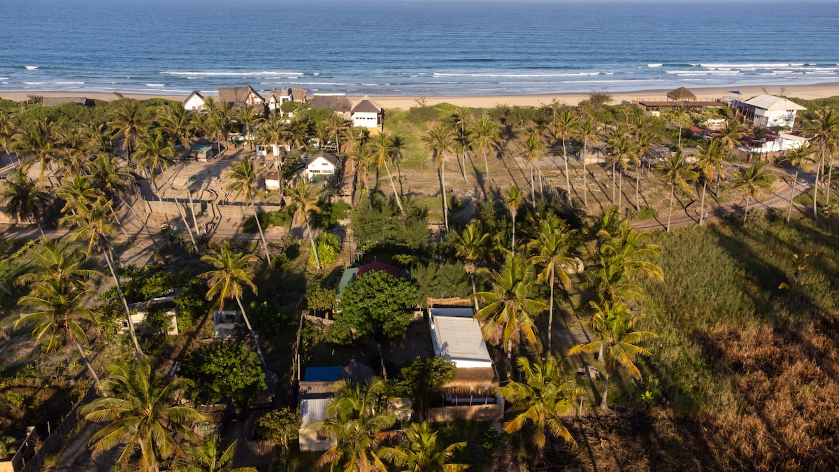 An aerial view captures a vibrant landscape featuring palm trees and the coastline. The ocean is visible in the background, while a series of buildings and lush greenery lie scattered across the property, creating a harmonious connection between nature and accommodation.