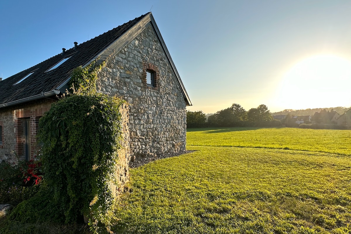 A gently weathered stone house is seen against a backdrop of a rising sun, casting warm light over the surrounding lush green field. The structure features a sloped roof and is partially enveloped by climbing greenery, blending harmoniously with the natural landscape.