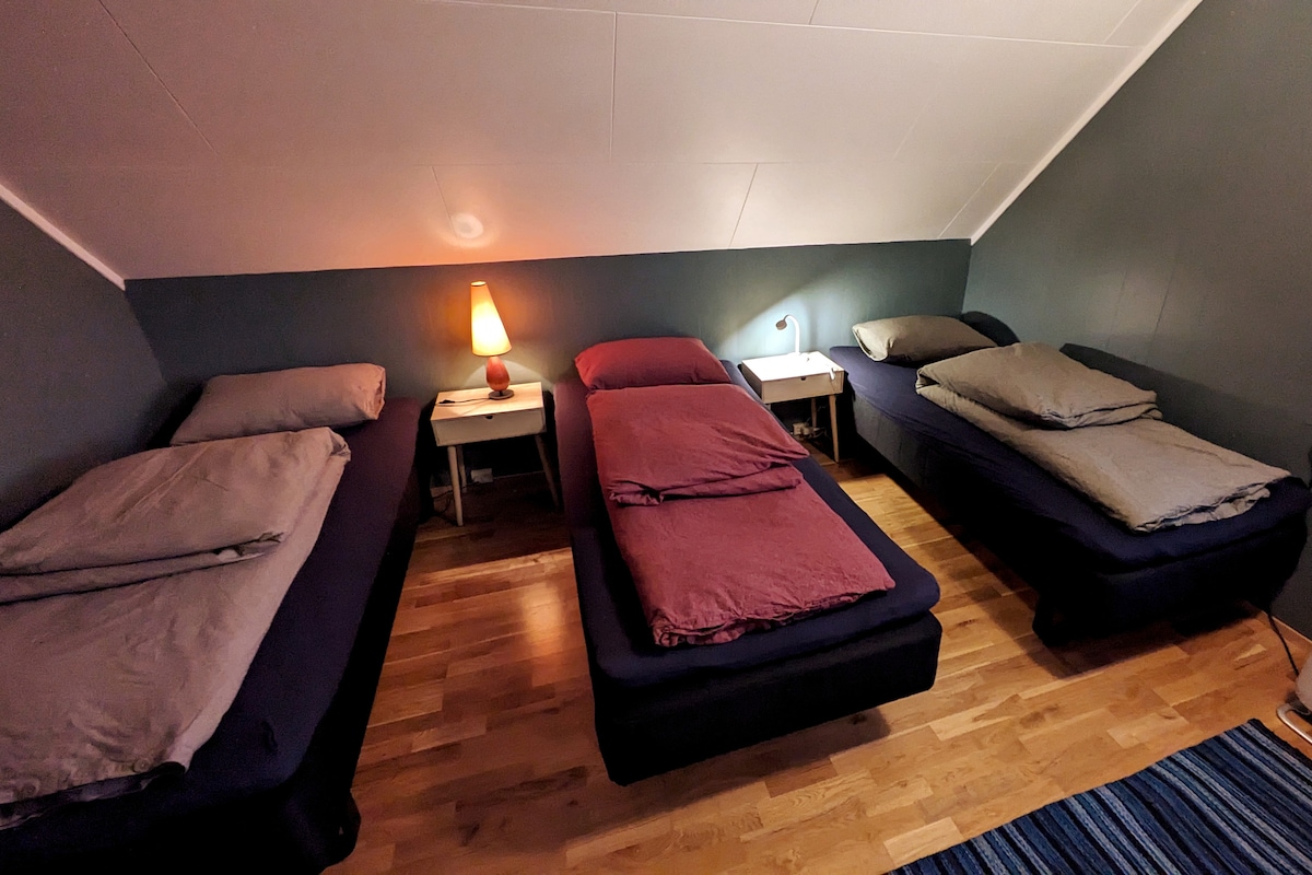 Soverom nr. 2 (sør)
3 stk 90x200 senger med 140x220 dundyner
Kan også rees opp som dobbeltseng (King-size)