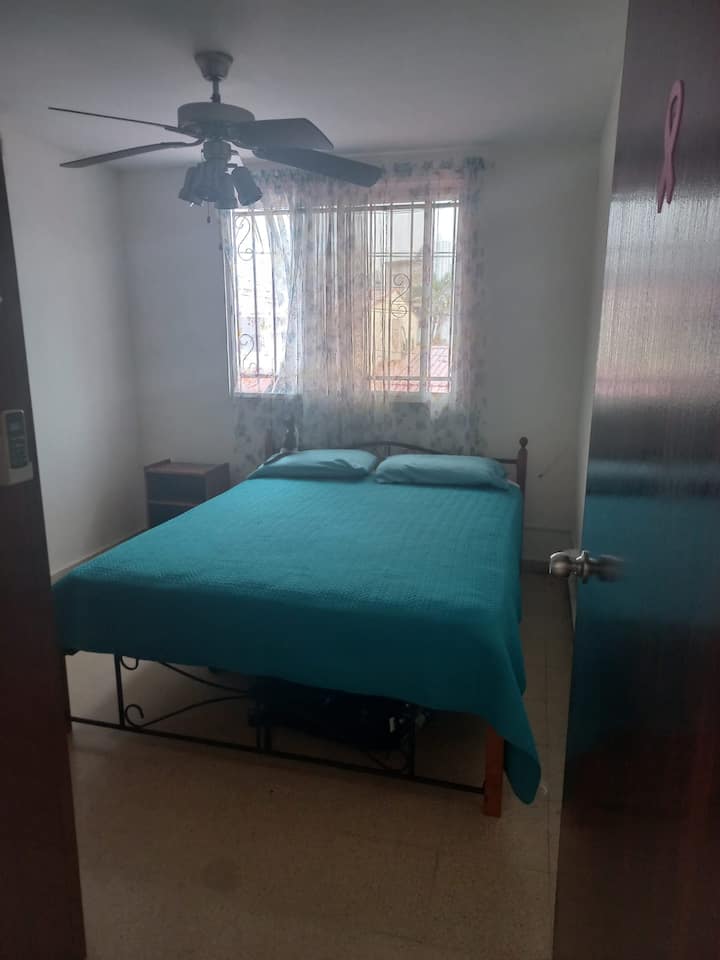 Chumba cha kulala kilicho na kitanda aina ya queen, kabati kamili, AC na feni