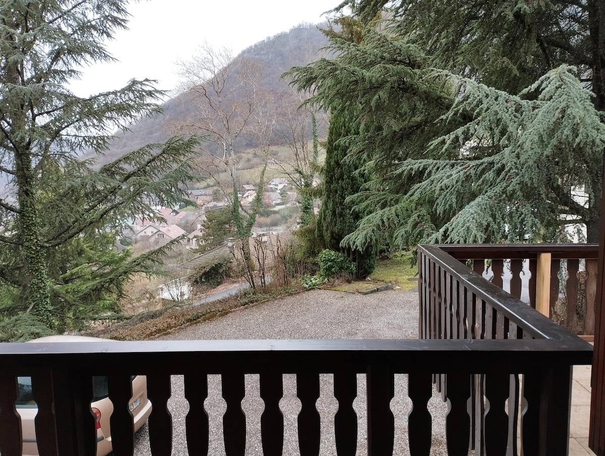 A view from a wooden balcony is presented, framed by lush greenery. The landscape reveals rolling hills in the distance, with a quaint village nestled below. The gravel path extends towards the home, offering a serene atmosphere and a connection to the surrounding nature.