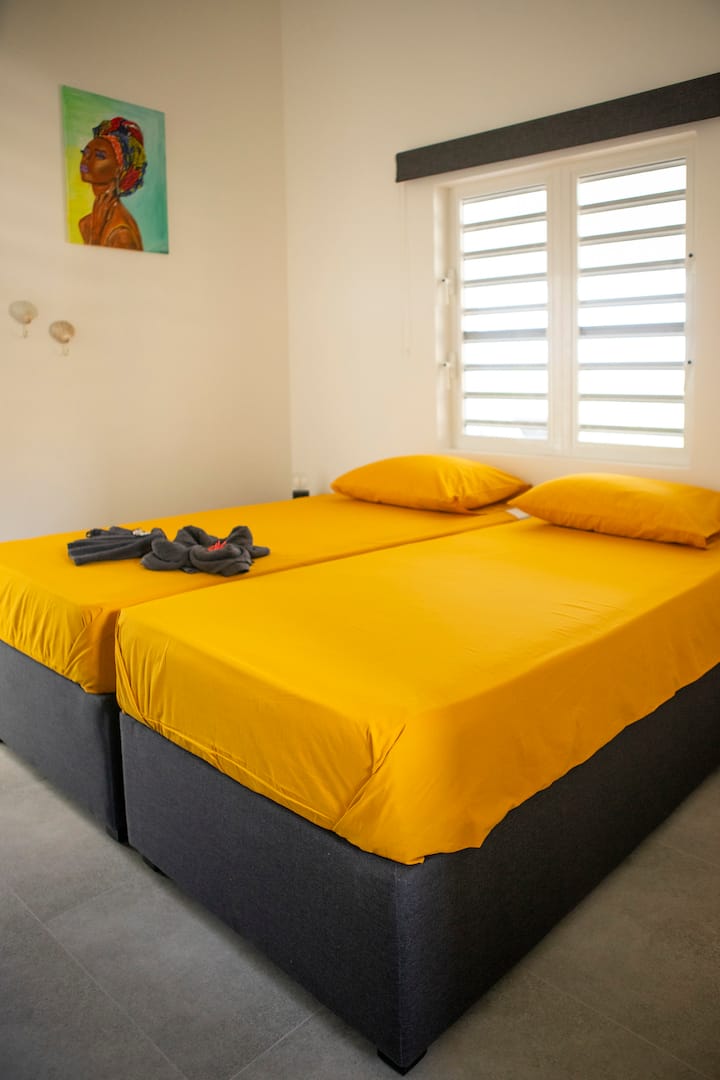 Მეორე საძინებელი 2 ყუთიანი ზამბარიანი საწოლით 90x200, რომლებიც მოთავსებულია ერთმანეთის საწინააღმდეგოდ: ისინი, ასევე, შეიძლება განთავსდეს ცალ-ცალკე და გამოყენებულ იქნას როგორც ერთი საწოლი