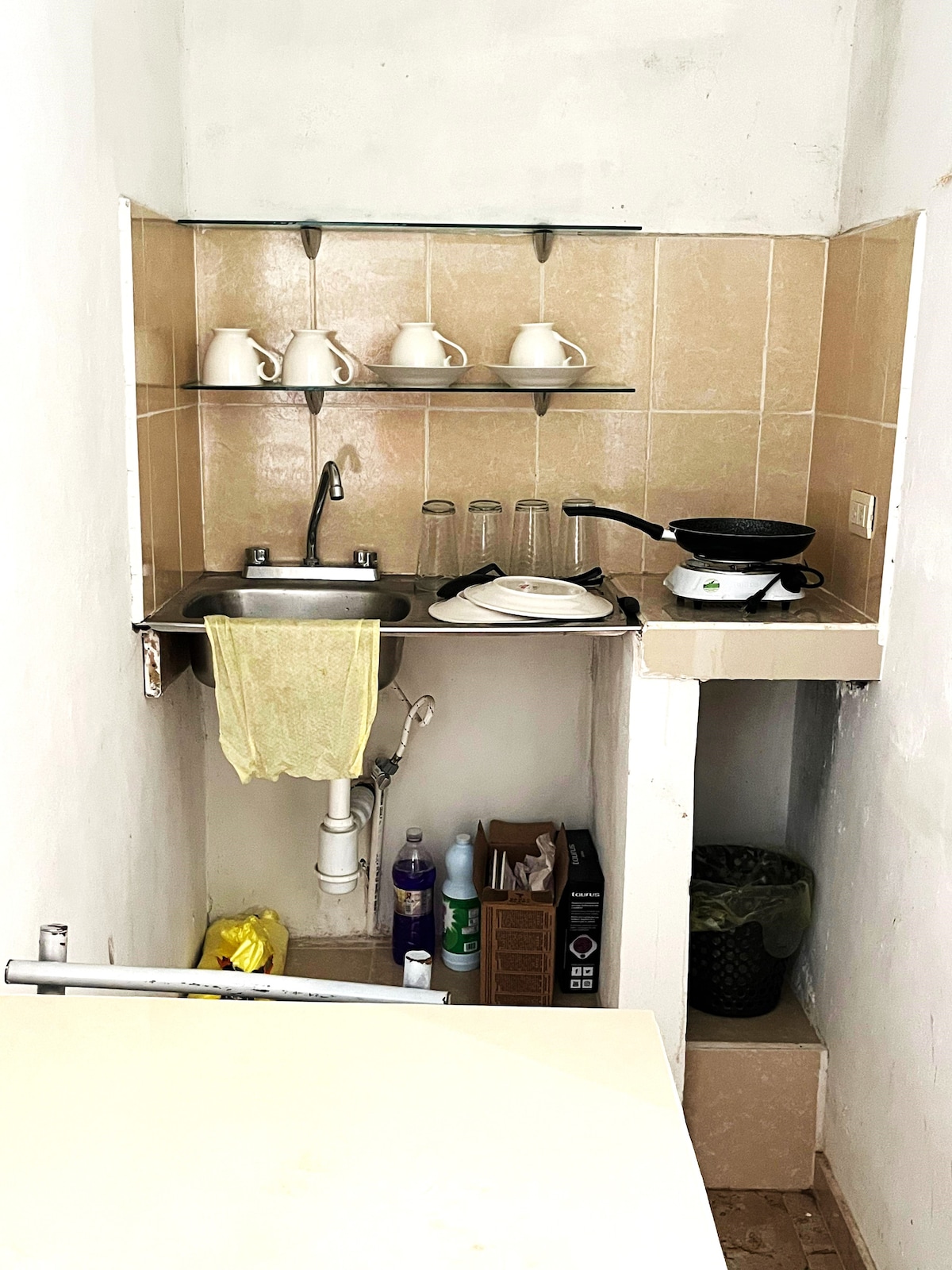 A compact kitchenette is equipped with essential appliances and utensils. Shelves hold white dishware, while a small sink is positioned below. Glasses and a frying pan are neatly arranged on the counter, alongside a dish rack. A waste bin and cleaning supplies are visible for convenience.