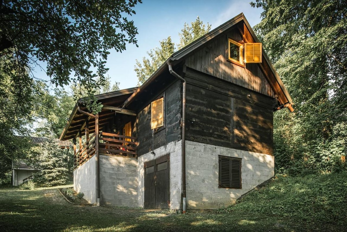 A traditional wooden house features a rustic design with dark wood beams and light-colored stone foundation. Large windows with shutters are visible. The surrounding greenery enhances the tranquil setting, while a covered porch provides outdoor space for relaxation.