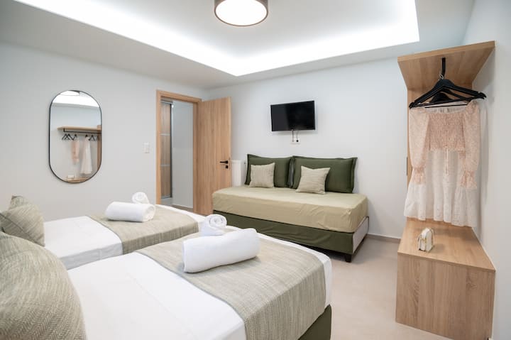 two of the three bedrooms offer two single beds that can be turned into a large double bed if requested. 

The sofa can be used as a bed.