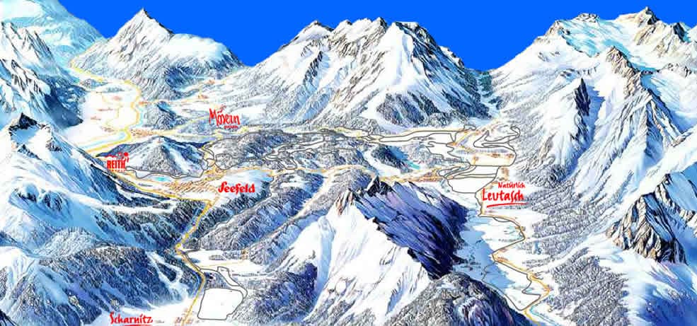 A colorful illustrated map displays a mountain range surrounded by snow-capped peaks. Various towns are marked in red, such as Mittenwald and Luthen. Curving roads are illustrated throughout the landscape, leading through valleys and over mountain passes.
