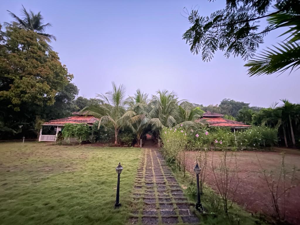 A pathway lined with stone pavers leads through a lush green lawn, flanked by palm trees and flowering shrubs. Two mini cottages with red-tiled roofs are visible in the background, surrounded by nature, creating a serene atmosphere.