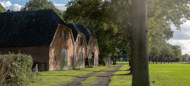 A rustic farmhouse stands prominently along a gravel path, surrounded by lush greenery and large trees. The red-brick structure features arched doorways and a sloped roof, while the expansive green fields stretch out nearby. Soft sunlight highlights the tranquil setting.