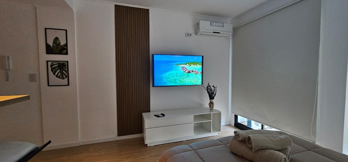 A modern room features a comfortable bed and a flat-screen television mounted on the wall. A light-toned wooden floor is complemented by a white wall and air conditioning unit. Decorative plants are displayed in frames nearby, adding subtle elegance to the space.