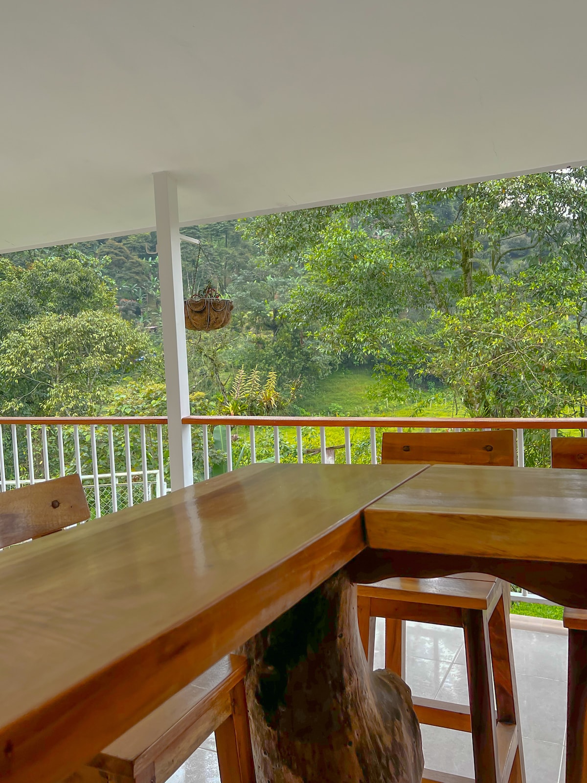 A spacious outdoor dining area features a wooden table and comfortable seating. Lush greenery and rolling hills create a serene backdrop, with a vibrant display of nature visible through large, open spaces. A hanging planter adds a touch of charm to the setting.