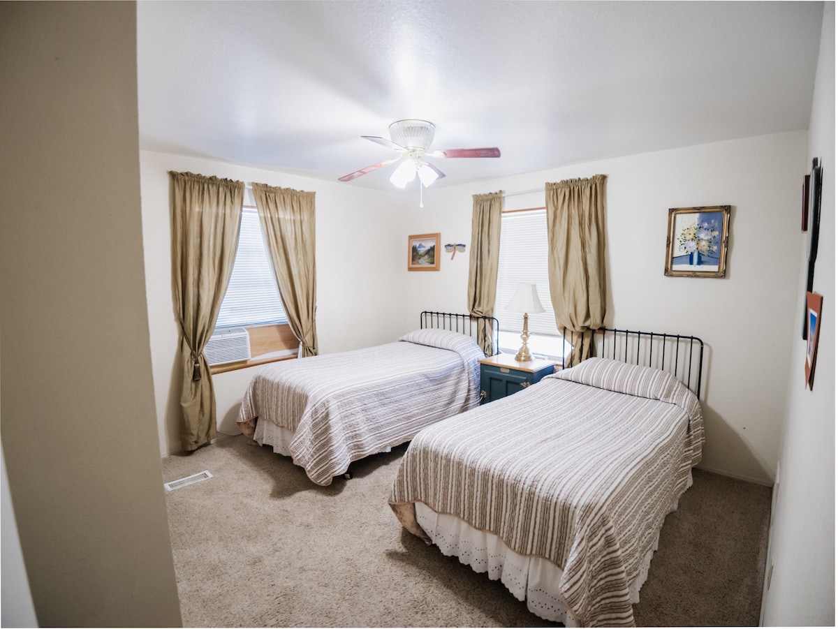 A well-lit bedroom features two twin beds with striped bedding and decorative pillows. Flanking the beds are nightstands with lamps. Natural light filters through two windows with light curtains, and soft carpets cover the floor, enhancing the cozy atmosphere.