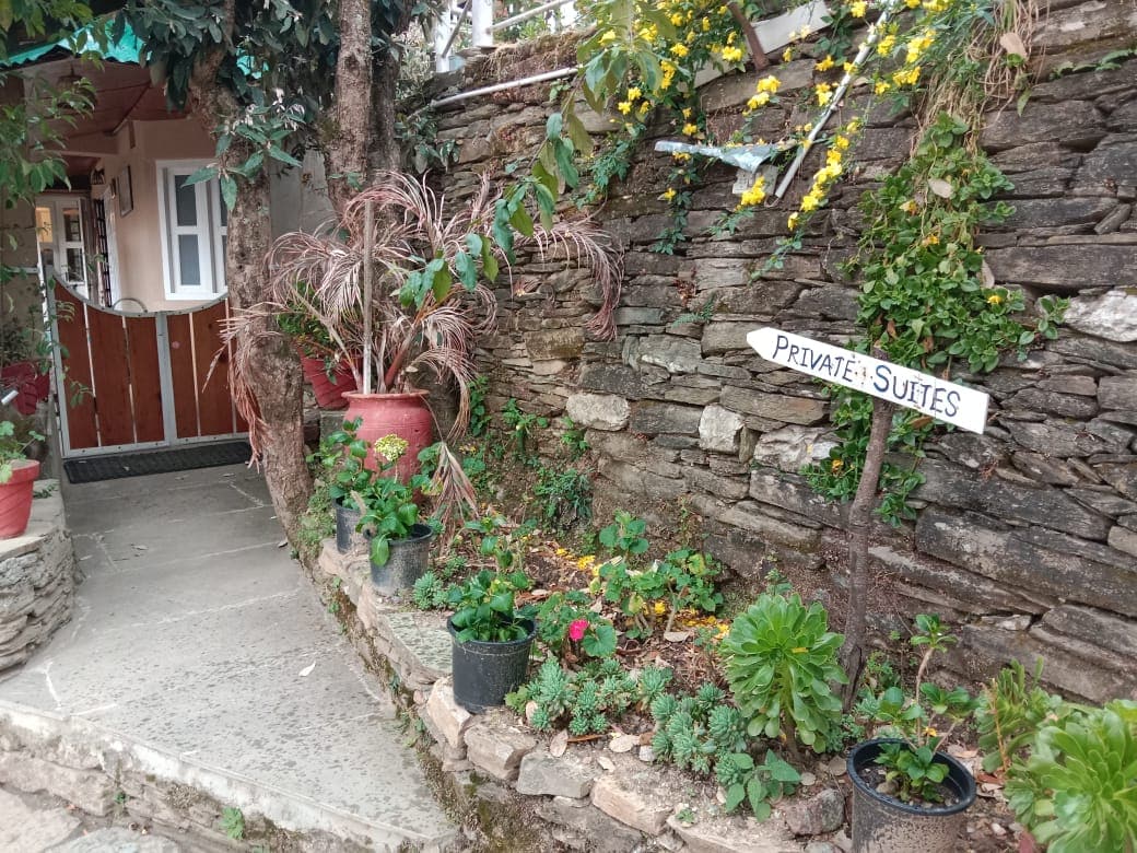 A well-maintained stone pathway leads to a welcoming entrance, bordered by lush greenery and potted plants. A signpost indicating 'Private Suites' is visible, adding charm to the inviting atmosphere.