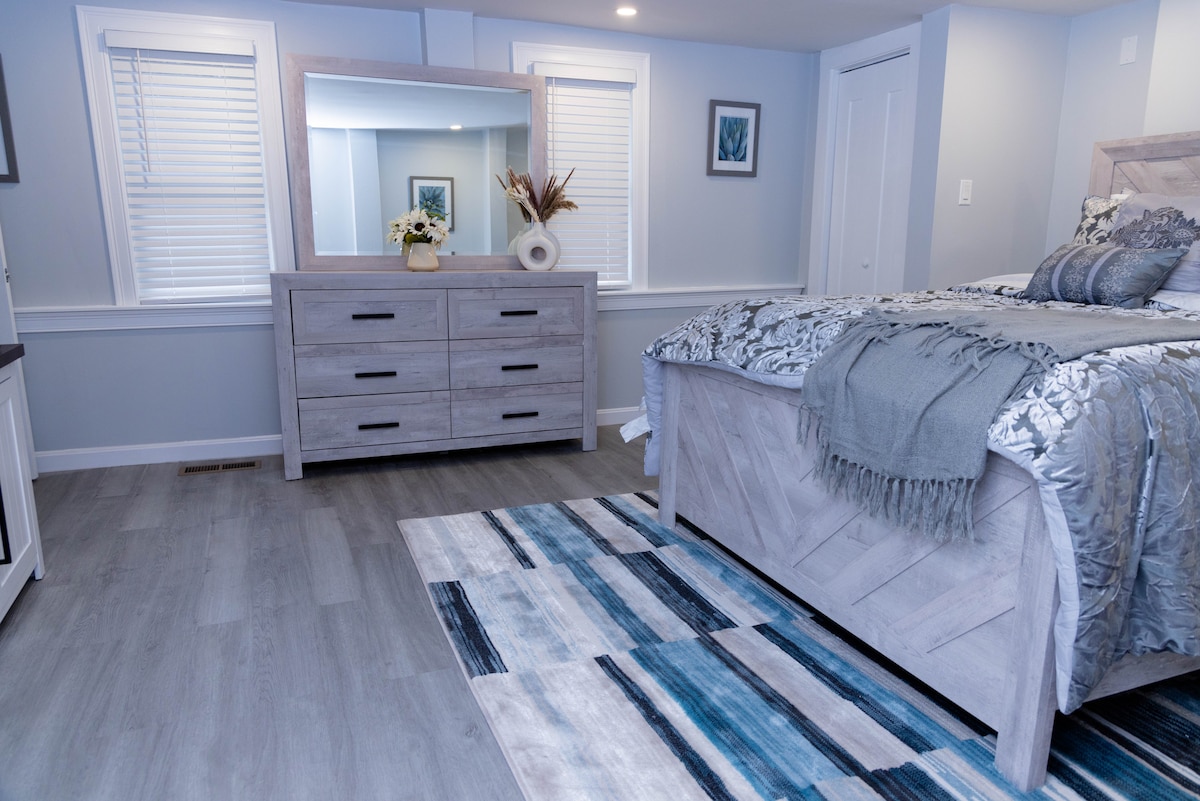 A spacious bedroom features a substantial bed adorned with soft linens and decorative pillows. A large mirror sits atop a modern dresser, reflecting the room's light. Natural light filters through the nearby windows, highlighting a patterned area rug that adds color to the floor.