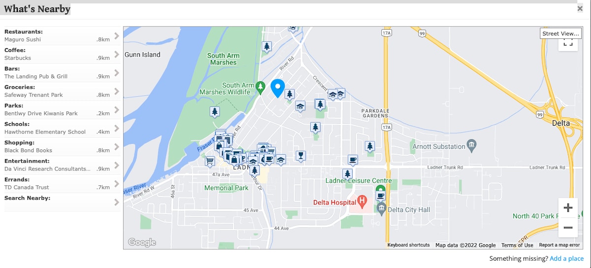 A map highlights nearby amenities, including restaurants, coffee shops, grocery stores, and public parks within the surrounding area. Various icons represent points of interest, offering a clear overview of accessible locations, making it easy to plan local activities.