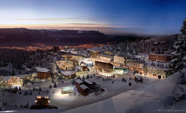A panoramic winter scene showcases a ski resort nestled among snow-covered mountains. The layout includes various buildings and amenities, with softly illuminated windows creating a cozy ambiance against the cool, pristine white landscape. Ski lifts and trails are visible, inviting winter activities.
