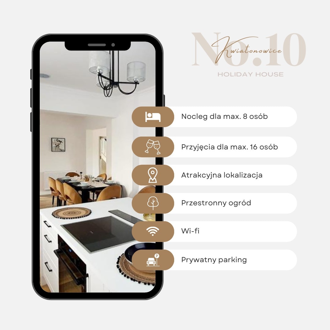 A mobile phone screen displays a modern kitchen featuring a central island with a built-in cooktop. Dining chairs surround a large table, and pendant lights hang above. Neutral colors and elegant decor create a welcoming ambiance.