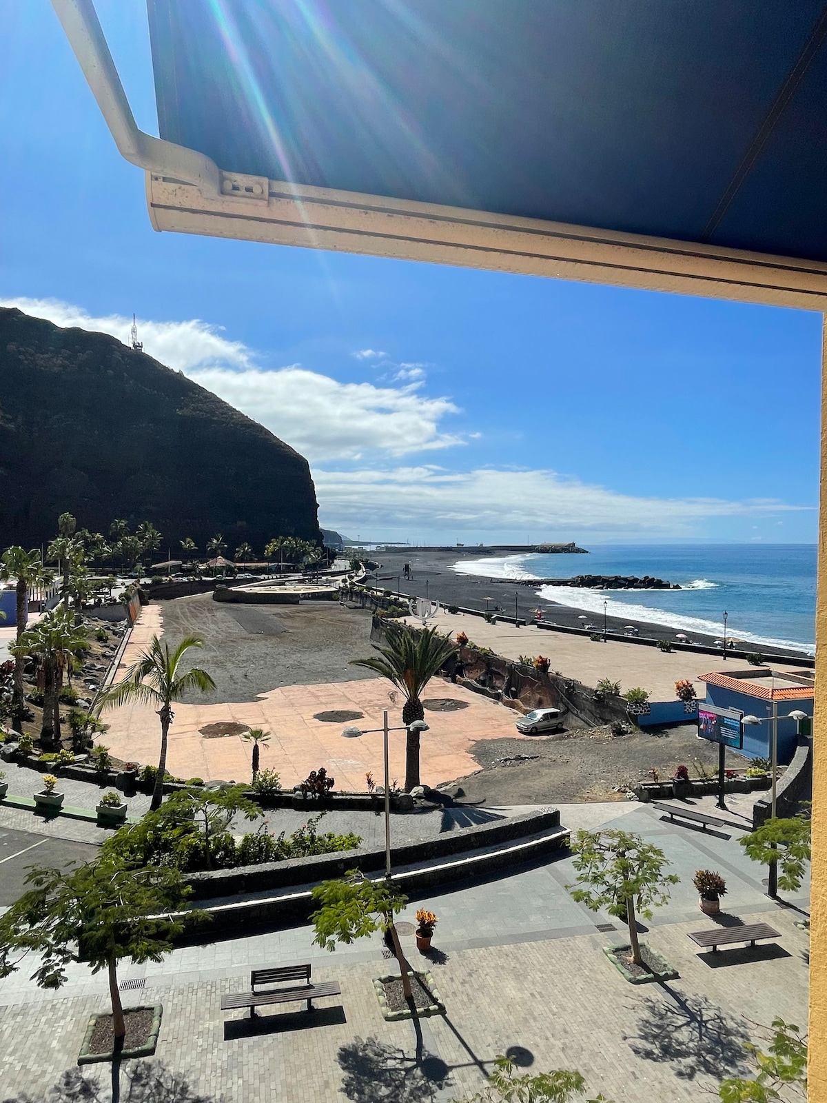 The view from the window showcases a coastal promenade lined with palm trees. A rocky shoreline meets the blue water, and a distant harbor is visible. The scene is complemented by a backdrop of a large mountain under a clear sky.
