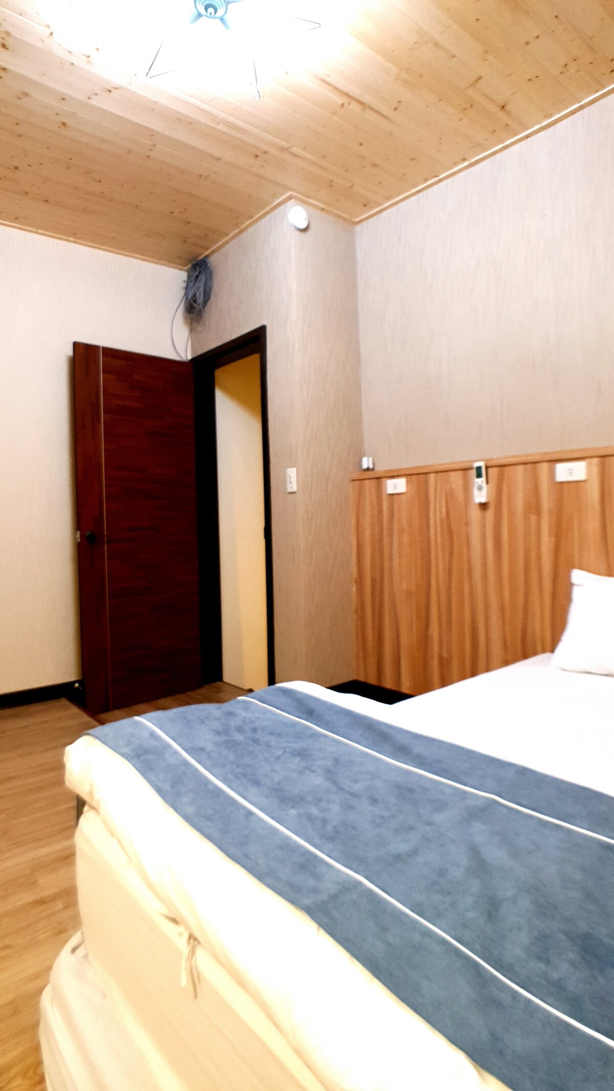 The sleeping area features a bed with a soft blue throw blanket draped over the edge. Light wood paneling adorns the wall, and a wooden door is visible in the background, leading to another space. A ceiling light illuminates the room.