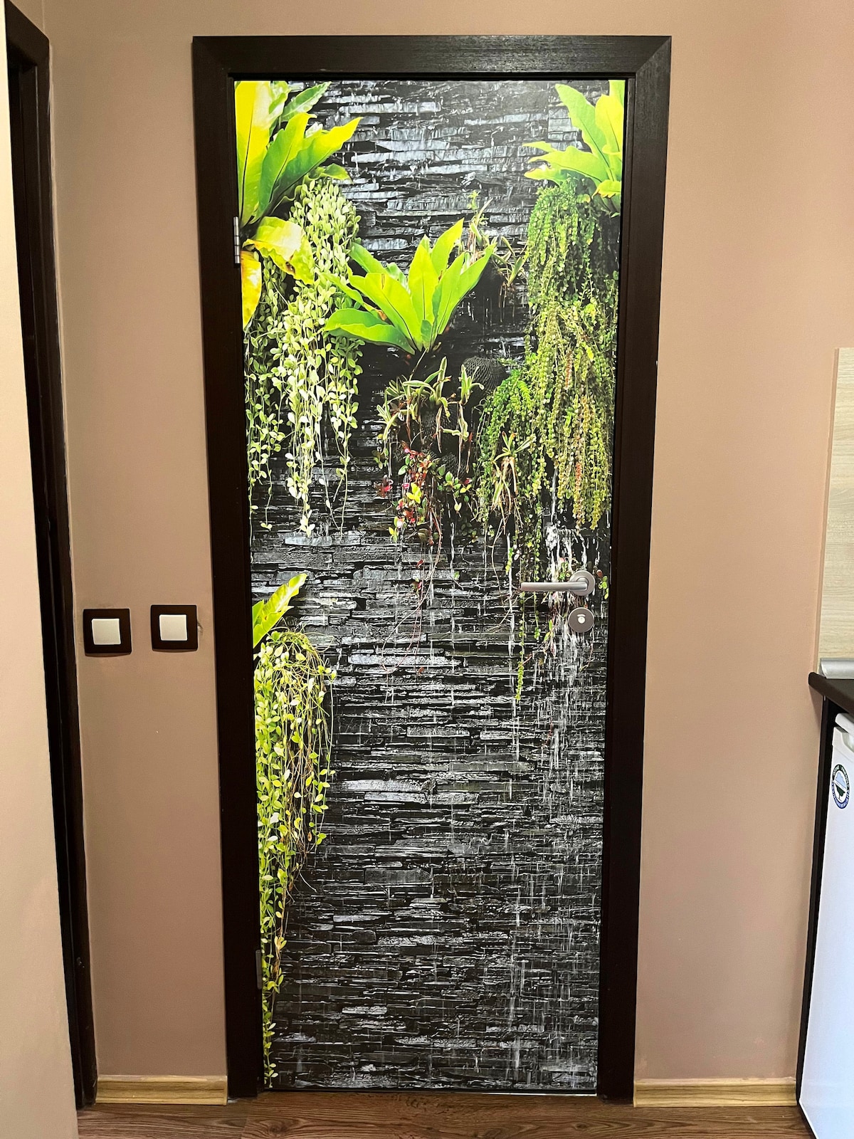 A decorative door features a stone wall motif accented with vibrant green foliage, creating a natural aesthetic. The door is framed in dark wood, contributing to the overall design of the apartment.