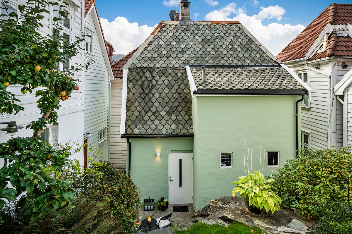 The exterior of a charming green house is shown, set against a backdrop of light-colored neighboring buildings. The slate roof displays a traditional design, while well-maintained greenery surrounds the entrance. A small pathway leads to the front door, creating a welcoming view.