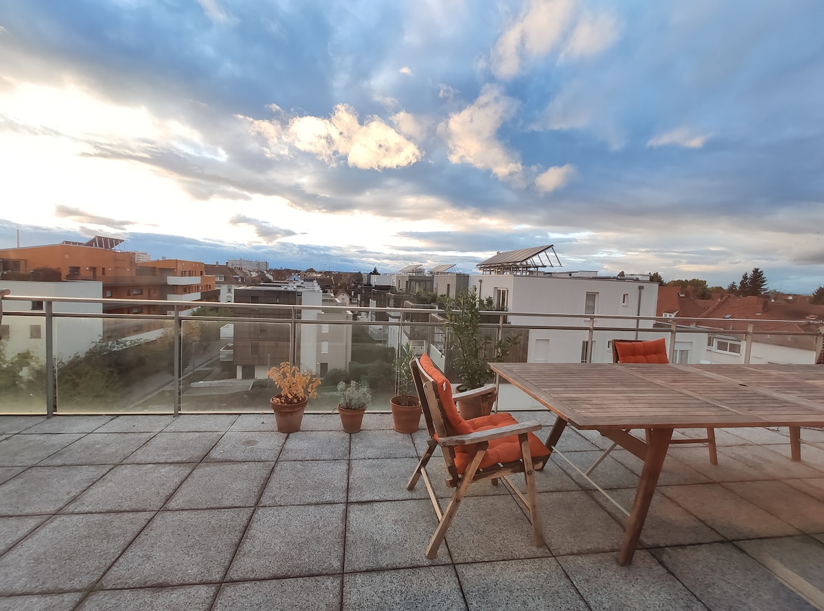 A spacious terrace is presented, featuring a wooden table surrounded by chairs. Potted plants add greenery, while a panoramic view of the surrounding buildings and sky fills the background. The deck is designed with a smooth stone surface, ideal for outdoor relaxation.