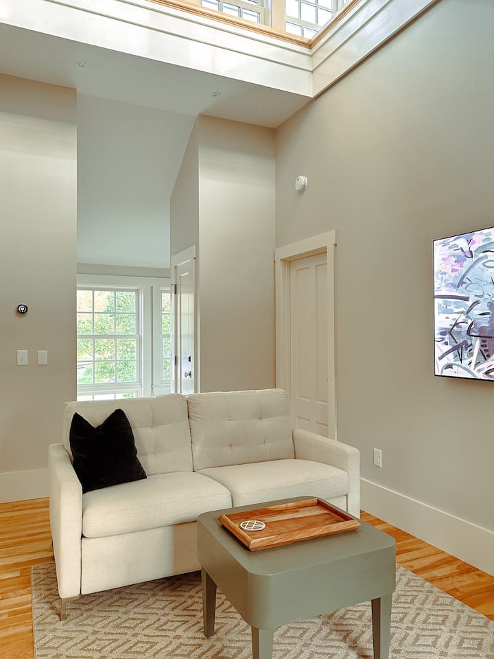 הסלון כולל ספה נפתחת מעור אמריקאי עם מזרן בגודל כפול.