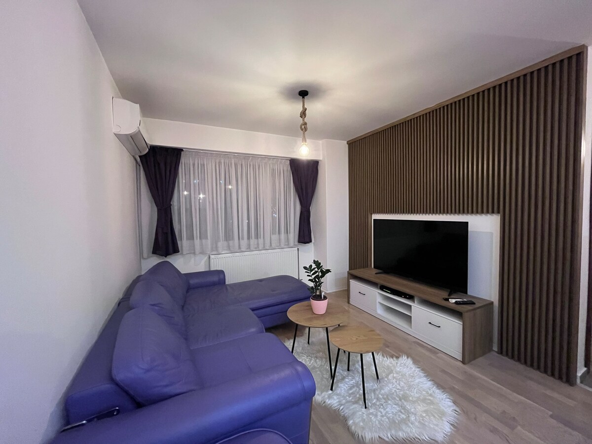 A living room is furnished with a large purple sofa and two round coffee tables. A flat-screen television is mounted on a light wood unit, creating a modern aesthetic. Sheer curtains frame the window, allowing soft light to filter into the space.