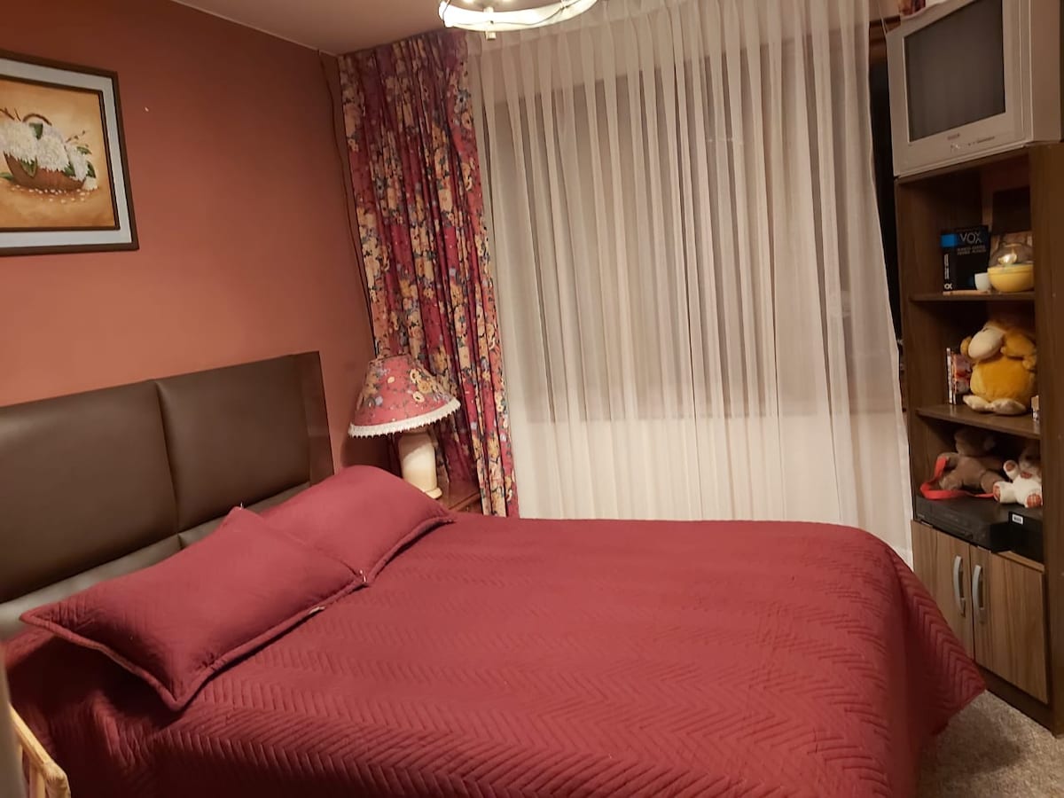 A well-appointed sleeping area features a spacious bed with a maroon coverlet and matching pillows. A decorative lamp and a wall-mounted television are present. Sheer white curtains filter natural light, while a wooden shelf displays plush toys and various items.