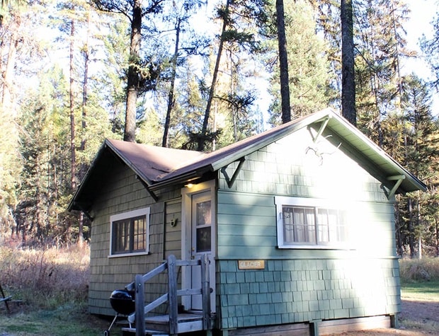 The exterior of the cabin is shown in a serene forest setting, featuring a green shingle façade and a brown roof. Two windows with white frames allow natural light inside. A small porch with a grilling area is visible in front, surrounded by tall trees.