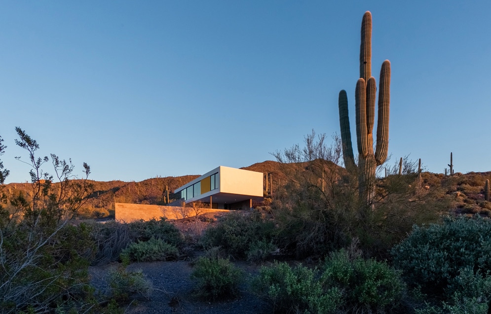 The modernist hillside home is framed by desert vegetation, featuring a clean architectural design that elevates above the surrounding landscape. The warm light of evening casts a soft glow on the exterior, contrasting with the tall saguaro cactus nearby.