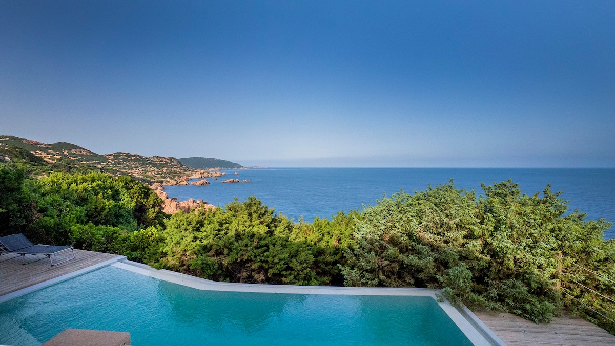 An infinity pool extends gracefully toward the coastline, reflecting the deep blue of the sky and sea. Lush greenery frames the scene, providing a sense of privacy. The distant hills are visible, enhancing the tranquil coastal atmosphere.