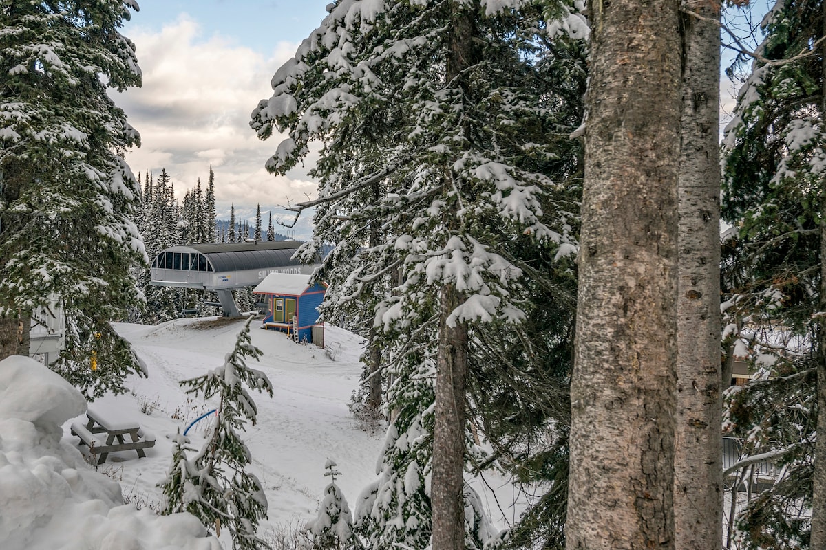 A snowy landscape showcases a variety of trees dusted with powder. In the background, a ski lift is visible alongside a vibrant building, surrounded by beautiful winter scenery. The environment suggests opportunities for outdoor activities and relaxation in a serene setting.