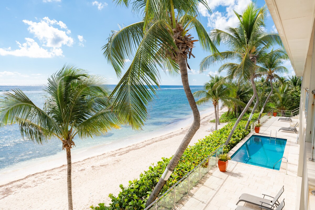 Palm trees frame the scene, overlooking a sandy beach and the ocean beyond. A private pool is positioned near the patio, surrounded by lush green landscaping. The sky is clear with a few clouds, creating a bright and inviting atmosphere.