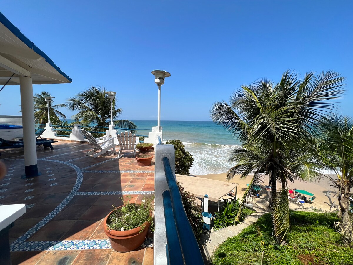 An outdoor patio features comfortable seating and tropical plants, with a clear view of the ocean waves. Palm trees surround the area, framing the scenic beachfront. Sunlight casts a warm glow over the space, inviting relaxation by the sea.
