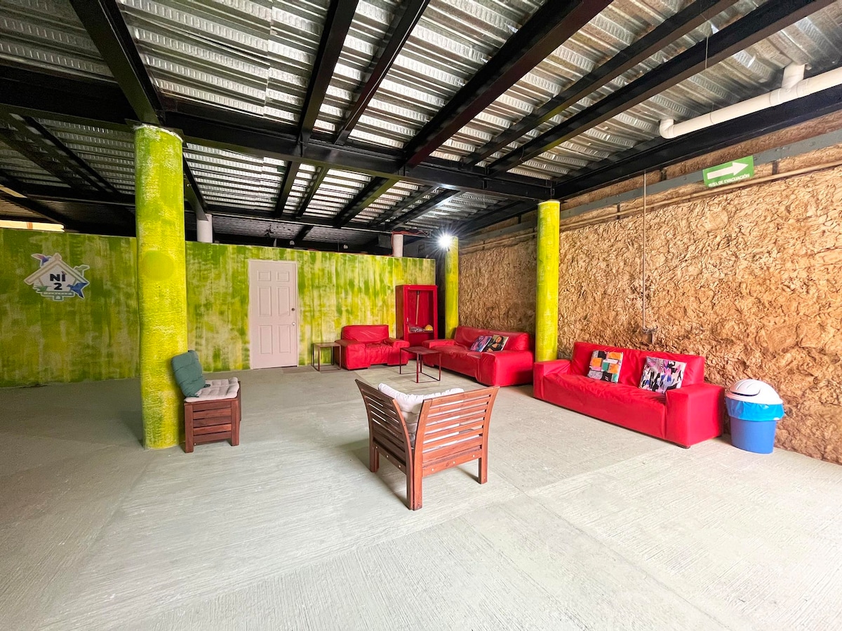 An open social area is highlighted by vibrant green walls and alternating red couches, providing ample seating for gatherings. A light wooden table is centered among the seating, while the area is illuminated by natural light from overhead panels.