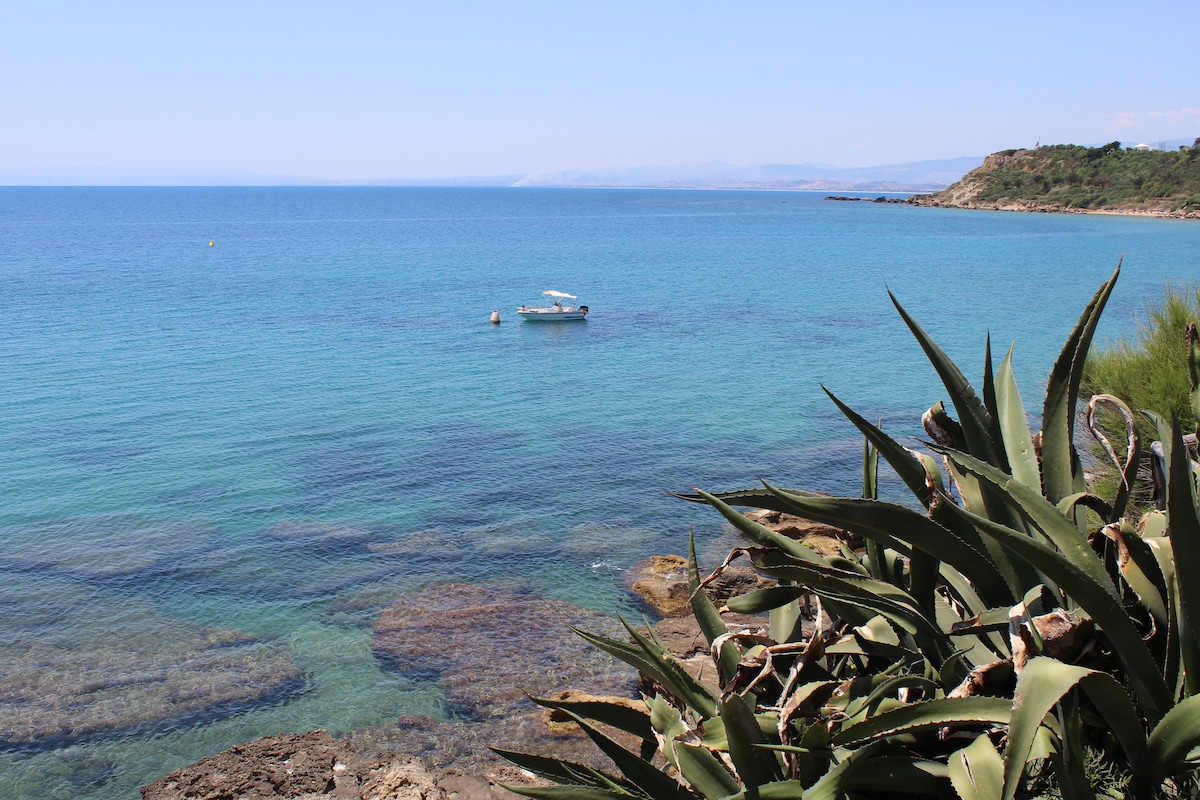 A serene coastal scene features calm turquoise waters, with a small boat anchored nearby. The shoreline is lined with smooth rocks and lush greenery, including prominent agave plants in the foreground. The gentle slope of the land leads to a distant view of hills under a clear blue sky.