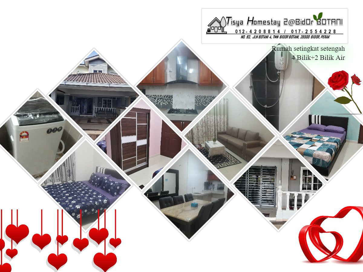 A collage of images showcases a comfortable home environment featuring a kitchenette, dining area, and sleeping arrangements. Furnishings include neatly made beds, a refrigerator, a washing machine, and dining tables. The layout exhibits an inviting living space, suitable for family gatherings.