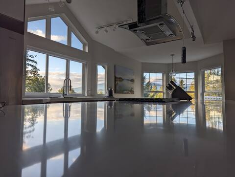 Modern ocean view home, path to sunset beach