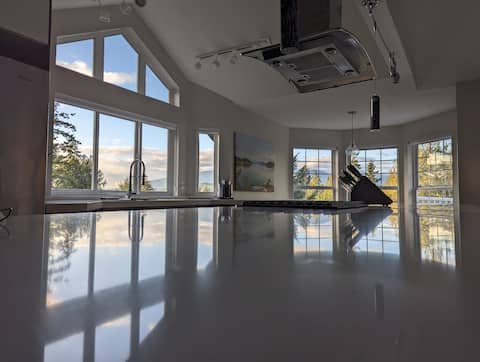 Modern ocean view home, path to sunset beach
