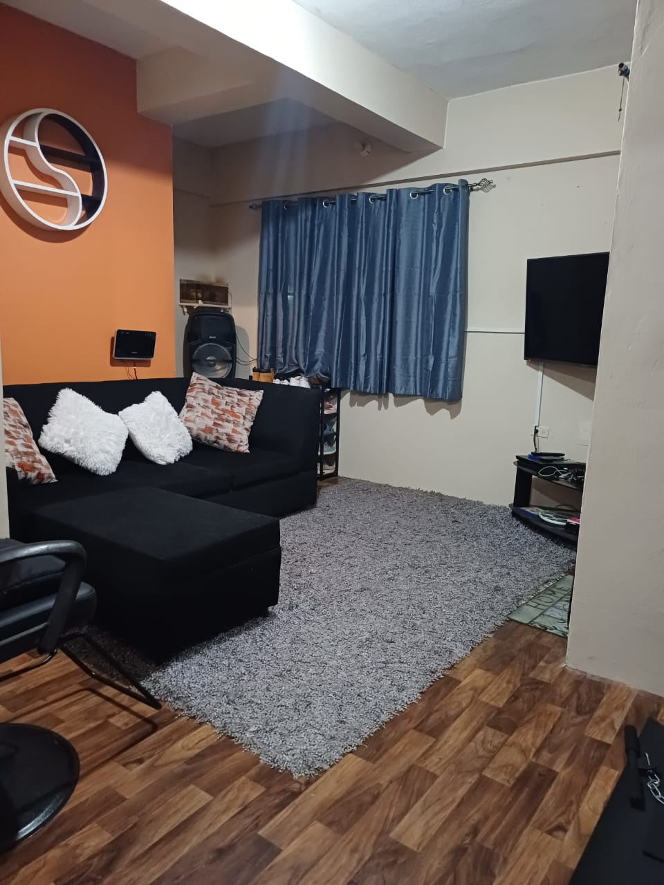 A comfortable living area features a dark sectional sofa adorned with decorative throw pillows. Soft area rugs cover the floor, while a television is mounted on the wall. Dark curtains frame a window, and a small entertainment unit is positioned nearby.